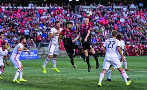 Fury midfielder Jeremy Gagnon-Lapare goes up for a ball against Toronto FC in its Canadian Championship    first-leg semifinal match last night in Ottawa.
  
 Steve Kingsman/Freestyle Photography for Ottawa Fury FC