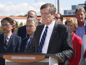 Toronto Mayor John Tory speaks about the Liberal federal government  announcement that they will put $1 billion into two major transit projects for the GTA on Aug. 26, 2019. (Jack Boland/Toronto Sun/)