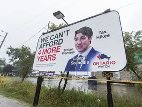 A billboard critical of Canadian Prime Minister Justin Trudeau along Cawthra Rd., near Queensway E., in Mississauga, Ont. on Tuesday August 27, 2019. (Ernest Doroszuk/Toronto Sun/Postmedia)