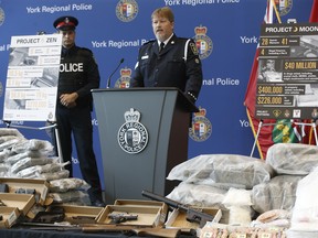 York Regional Police Det.-Sgt. Doug Bedford unveiled drugs (meth, cocaine, fentanyl, cannabis bound for U.S.), weapons and proceeds of crime during two unrelated Projects called Zen and Moon targeting organized crime arresting 49 people on Thursday August 8, 2019. Jack Boland/Toronto Sun/Postmedia Network