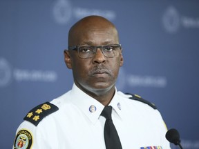 Toronto Police Chief Mark Saunders launches an 11-week centralized team to combat street gangs and gun violence at a press conference on Tuesday, August 13, 2019. Veronica Henri/Toronto Sun\