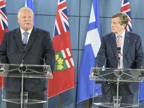 Premier Doug Ford (L) and Mayor John Tory announce funding for new closed circuit cameras in Toronto on Friday August 23, 2019. Veronica Henri/Toronto Sun