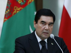 Turkmenistan's President Kurbanguly Berdymukhamedov speaks at a news briefing in Tbilisi, Georgia, July 2, 2015. REUTERS/David Mdzinarishvili/File Photo ORG XMIT: FW1
