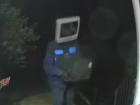 A man wearing a television over his head is caught placing other TVs on people's porches. (ABC7)