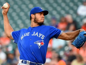 Wilmer Font of the Toronto Blue Jays pitches during the first inning against the Baltimore Orioles at Oriole Park at Camden Yards on August 2, 2019 in Baltimore, Maryland. (Will Newton/Getty Images)