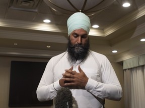 NDP Leader Jagmeet Singh comments on a photo from 2001 surfacing of Liberal Leader Justin Trudeau wearing "brownface" as he makes a statement in Toronto, Wednesday September 18, 2019. (THE CANADIAN PRESS/Adrian Wyld)