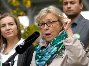 Green Party leader Elizabeth May gestures as she speaks during a campaign stop outside Sunalta LRT station near downtown Calgary on Friday, September 20, 2019. The party unveiled a plan to revamp transportation. (Jim Wells/Postmedia)