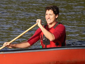 Federal Liberal leader Justin Trudeau canoes around Lake Laurentian during a campaign stop at the Lake Laurentian Conservation Area in Sudbury, Ont. on Thursday September 26, 2019.