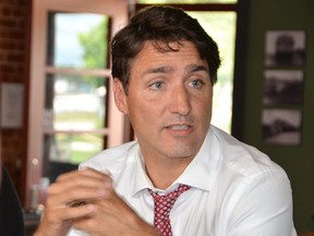 Prime Minister Justin Trudeau inside the Mudtown Station restaurant and brew pub during a roundtable on broadband and rural Internet access on September 4, 2019 in Owen Sound, Ont.  Denis Langlois/Postmedia Network