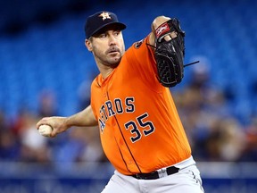 Justin Verlander of the Houston Astros delivers a pitch in the first inning during a MLB game against the Toronto Blue Jays at Rogers Centre on September 01, 2019 in Toronto, Canada.