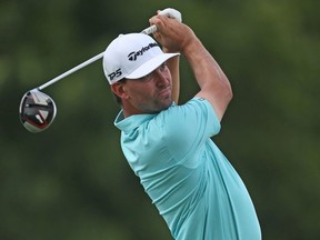 Michael Gligic of Canada watches his tee shot on the ninth hole during the first round of the Nationwide Children's Hospital Championship at The Ohio State University Golf Club Scarlet Course on August 15, 2019 in Columbus, Ohio.