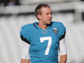 Nick Foles #7 of the Jacksonville Jaguars looks on before a preseason game against the Atlanta Falcons at TIAA Bank Field on August 29, 2019 in Jacksonville, Florida. (Photo by James Gilbert/Getty Images)