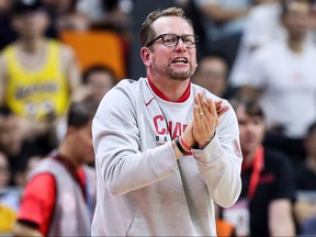 Nick Nurse coach of Canada in action during the 2019 FIBA World Cup, first round match between Canada and Australia at Dongguan Basketball Center on Sept. 1, 2019 in Dongguan, China. (Zhizhao Wu/Getty Images)