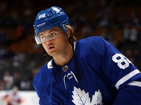 28:  William Nylander #88 of the Toronto Maple Leafs warms up prior to an NHL pre-season game against the Detroit Red Wings at Scotiabank Arena on September 28, 2019 in Toronto, Canada.  (Vaughn Ridley/Getty Images)