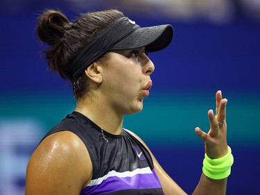 Bianca Andreescu prepares to play the point against Belinda Bencic at the USTA Billie Jean King National Tennis Center on September 05, 2019 in New York. (Clive Brunskill/Getty Images)