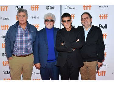 (L-R) Tom Bernard, Pedro Almodovar, Antonio Banderas and Michael Barker attend the "Pain And Glory" premiere during the 2019 Toronto International Film Festival at Ryerson Theatre 
on Sept. 6, 2019 in Toronto.