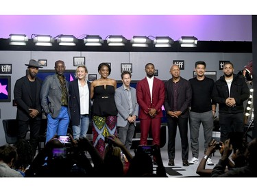 (L-R) Jamie Foxx, Rob Morgan, Brie Larson, Karan Kendrick, Tim Blake Nelson, Michael B. Jordan, Bryan Stevenson, Destin Daniel Cretton, and O'Shea Jackson Jr. attend the "Just Mercy" press conference during the 2019 Toronto International Film Festival at TIFF Bell Lightbox on Sept. 7, 2019 in Toronto.