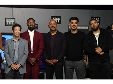 Tim Blake Nelson, Michael B. Jordan, Bryan Stevenson, Destin Daniel Cretton, and O'Shea Jackson Jr. attend the "Just Mercy" press conference during the 2019 Toronto International Film Festival at TIFF Bell Lightbox on September 07, 2019 in Toronto, Canada.