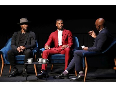 (L-R) Jamie Foxx, Michael B. Jordan, and Cameron Bailey attend In Conversation With...Michael B. Jordan and Jamie Foxx during the 2019 Toronto International Film Festival at TIFF Bell Lightbox on Sept. 7, 2019 in Toronto.