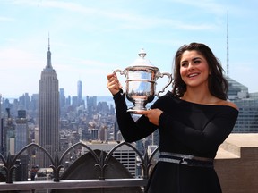 Bianca Andreescu poses with her trophy at the Top of the Rock in Rockefeller Center on Sept. 8, 2019 in New York City. (Mike Stobe/Getty Images)