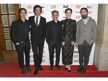 (L-R) Juan de Dios Larraín, Santiago Cabrera, Gael García Bernal, Mariana di Girolamo, and Pablo Larraín attend the "Ema" photo call during the 2019 Toronto International Film Festival at Winter Garden Theatre on Sept. 8, 2019, in Toronto.