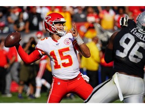 Patrick Mahomes #15 of the Kansas City Chiefs throws a pass during the second half against the Oakland Raiders at RingCentral Coliseum on September 15, 2019 in Oakland, California.