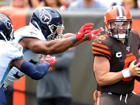 Quarterback Baker Mayfield and the Cleveland Browns face the shorthanded New York Jets on Monday night. (GETTY IMAGES)