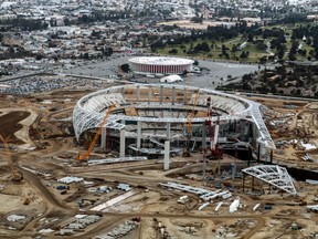 An aerial shot taken over the new Los Angeles stadium under construction earlier this year. The stadium will be named SoFi Stadium. (Getty Images)