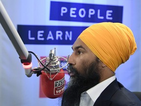 NDP Leader Jagmeet Singh takes part in a radio interview in Toronto, Thursday September 19, 2019. THE CANADIAN PRESS/Adrian Wyld