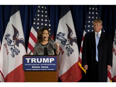Jan. 19, 2016: Former Alaska governor Sarah Palin speaks at Hansen Agriculture Student Learning Center at Iowa State University in Ames. Palin endorsed Donald Trump's run for the Republican presidential nomination.