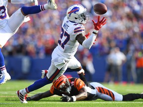 Buffalo Bills cornerback Tre'Davious White (27) intercepts a pass against the Cincinnati Bengals during the fourth quarter at New Era Field. (Rich Barnes-USA TODAY Sports ORG)