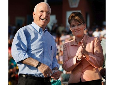 August 30, 2008: Presumptive Republican presidential nominee John McCain and presumptive Republican vice-presidential nominee Alaska Governor Sarah Palin stand on stage as they greet supporters during an event at Consol Energy Park in Washington, Pa.