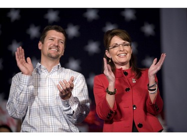 Nov. 3, 2008:  Republican U.S. vice-presidential candidate Sarah Palin speaks at a campaign rally with her husband Todd Palin at the Grand River Center in Dubuque, Iowa.