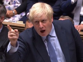 A video grab from footage broadcast by the UK Parliament's Parliamentary Recording Unit (PRU) shows Britain's Prime Minister Boris Johnson speaking during his first Prime Ministers Questions session in the House of Commons in London on September 4, 2019. - Prime Minister Boris Johnson headed into a fresh Brexit showdown in parliament on Wednesday after being dealt a stinging defeat over his promise to get Britain out of the EU at any cost next month.