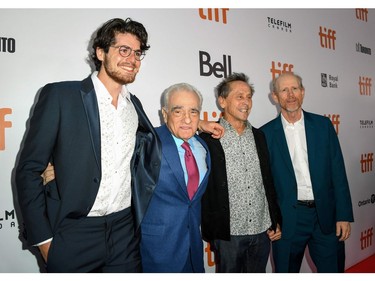 (L-R) Daniel Roher, Martin Scorsese, Brian Grazer and Ron Howard arrive for the Opening Night Gala presentation of "Once Were Brothers: Robbie Robertson and The Band" during the Toronto International Film Festival, on Sept. 5, 2019, in Toronto.