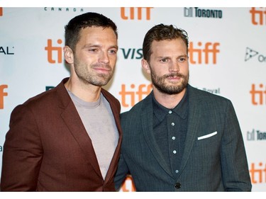 Jamie Dornan (R) and Sebastian Stan (L) attend the premiere of "Endings, Beginnings" during the 2019 Toronto International Film Festival Day 4, Sept. 8, 2019, in Toronto.