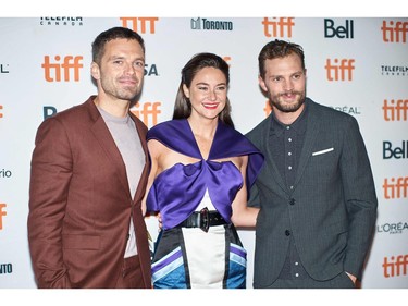 (L-R) Actors Sebastian Stan, Shailene Woodley and Jamie Dornan attend the premiere of "Endings, Beginnings" during the 2019 Toronto International Film Festival Day 4, Sept. 8, 2019, in Toronto.