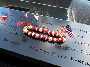 A lei is placed at the 9/11 during the September 11 Commemoration Ceremony at the at the World Trade Center on September 11, 2019, in New York.