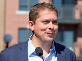 Conservative Party of Canada leader Andrew Scheer speaks to the media during a campaign stop in Sainte-Hyacinthe, Que., on Sept. 19, 2019.