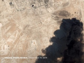 A satellite image shows an apparent drone strike on an Aramco oil facility in Abqaiq, Saudi Arabia September 14, 2019. Planet Labs Inc/Handout via REUTERS