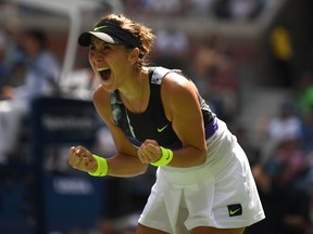 Switzerland’s Belinda Bencic celebrates after winning her quarterfinal match against Donna Vekic of Croatia on Wednesday
at the U.S. Open in New York. Bencic, seeded 13th, is the last remaining Swiss player in the tournament. (GETTY IMAGES)