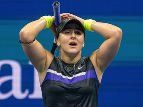 Bianca Andreescu celebrates her U.S. Open semifinal win over Belinda Bencic at the USTA Billie Jean King National Tennis Center in New York on September 5, 2019. (JOHANNES EISELE/AFP/Getty Images)