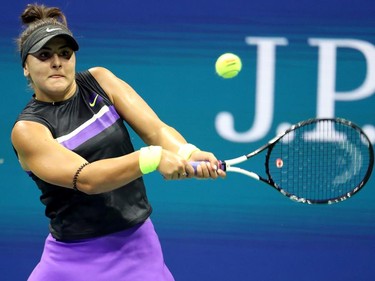 Bianca Andreescu of Canada returns a shot during her Women's Singles quarterfinal match against Elise Mertens of Belgium on day ten of the 2019 US Open at the USTA Billie Jean King National Tennis Center on September 4, 2019 in the Queens borough of New York City. (Al Bello/Getty Images)