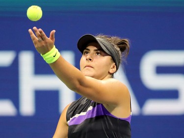 Bianca Andreescu of Canada sreves during her Women's Singles quarterfinal match against Elise Mertens of Belgium on day ten of the 2019 US Open at the USTA Billie Jean King National Tennis Center on September 4, 2019 in the Queens borough of New York City. (Elsa/Getty Images)