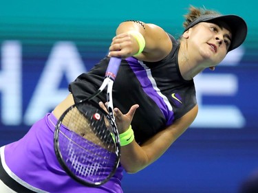 Bianca Andreescu of Canada sreves during her Women's Singles quarterfinal match against Elise Mertens of Belgium on day ten of the 2019 US Open at the USTA Billie Jean King National Tennis Center on September 04, 2019 in the Queens borough of New York City. (Elsa/Getty Images)