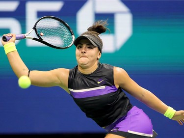 Bianca Andreescu of Canada returns a shot during her Women's Singles quarterfinal match against Elise Mertens of Belgium on day ten of the 2019 US Open at the USTA Billie Jean King National Tennis Center on September 4, 2019 in the Queens borough of New York City. (Elsa/Getty Images)