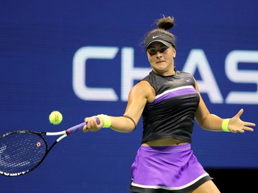 Bianca Andreescu of Canada returns a shot during her Women's Singles quarterfinal match against Elise Mertens of Belgium on day ten of the 2019 US Open at the USTA Billie Jean King National Tennis Center on September 4, 2019 in the Queens borough of New York City. (Elsa/Getty Images)