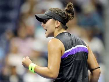 Bianca Andreescu of Canada reacts during her Women's Singles quarterfinal match against Elise Mertens of Belgium on day ten of the 2019 US Open at the USTA Billie Jean King National Tennis Center on September 04, 2019 in the Queens borough of New York City. (Elsa/Getty Images)