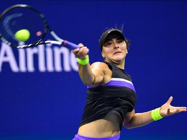 Bianca Andreescu of Canada hits to Elise Mertens of Belgium in a quarterfinal match on day ten of the 2019 U.S. Open tennis tournament at USTA Billie Jean King National Tennis Center in Flushing, N.Y., on Septmber 4, 2019. (Robert Deutsch/USA TODAY Sports)