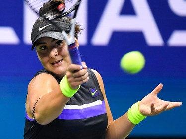 Bianca Andreescu of Canada hits to Elise Mertens of Belgium in a quarterfinal match on day ten of the 2019 U.S. Open tennis tournament at USTA Billie Jean King National Tennis Center in Flushing, N.Y., on September 4, 2019. (Robert Deutsch/USA TODAY Sports)
